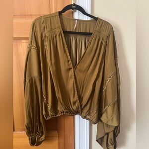 Free People satin olive/gold batwing long sleeve blouse with elastic waist